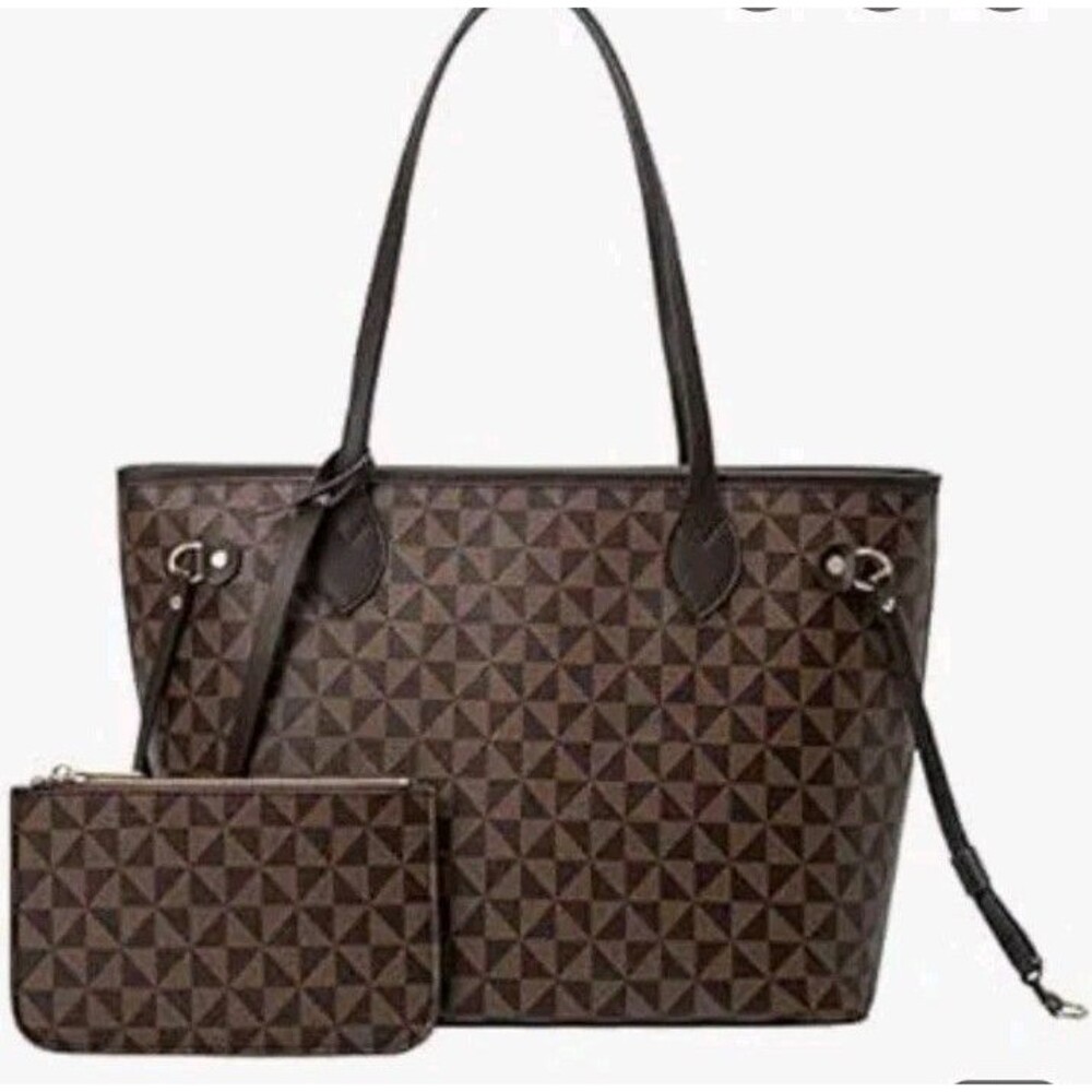 NWT Lacel Urwebin Geometric Print Tote Bag Matching Pouch 2-Piece Set Brown